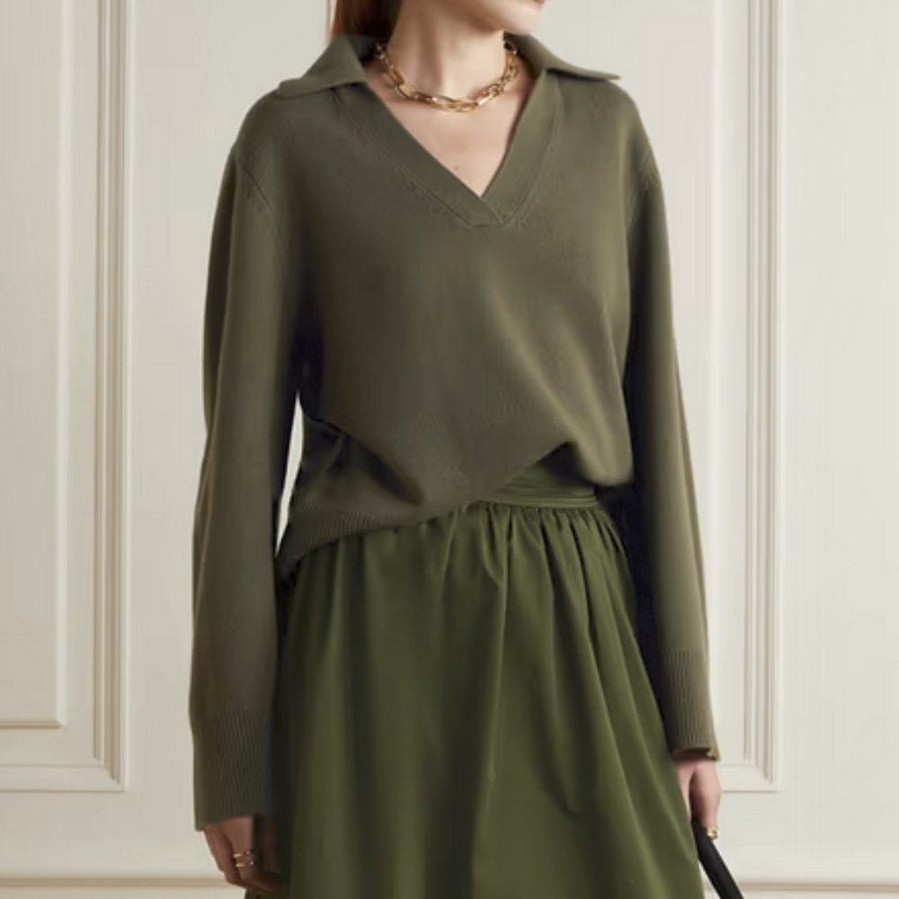 Nili Lotan Silvio Cashmere Olive Green V-neck Polo Sweater, S